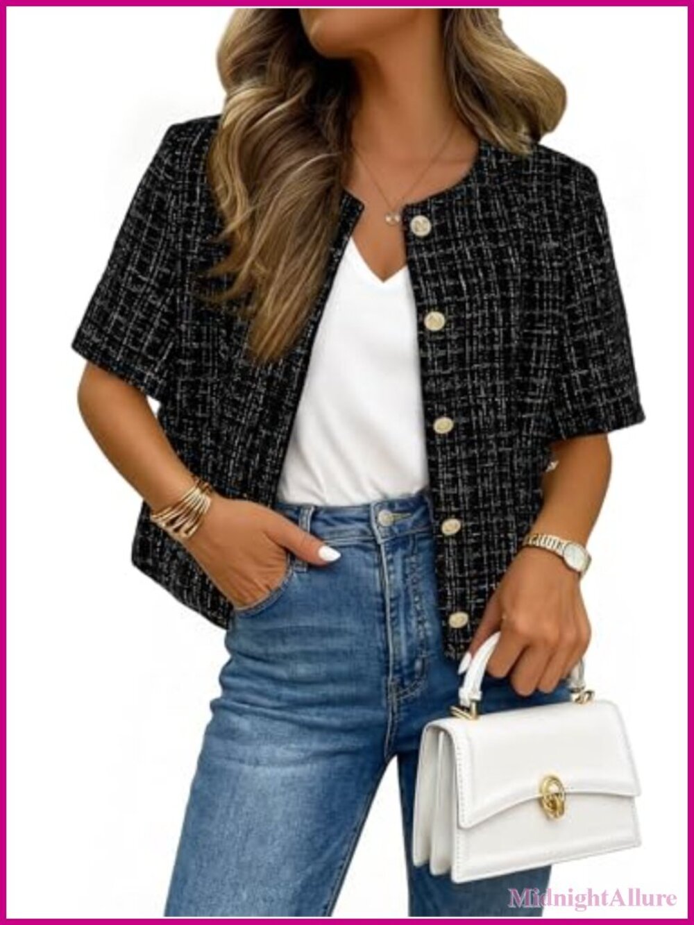 Womens Tweed Blazer Short Sleeve Business Casual Cropped Jacket